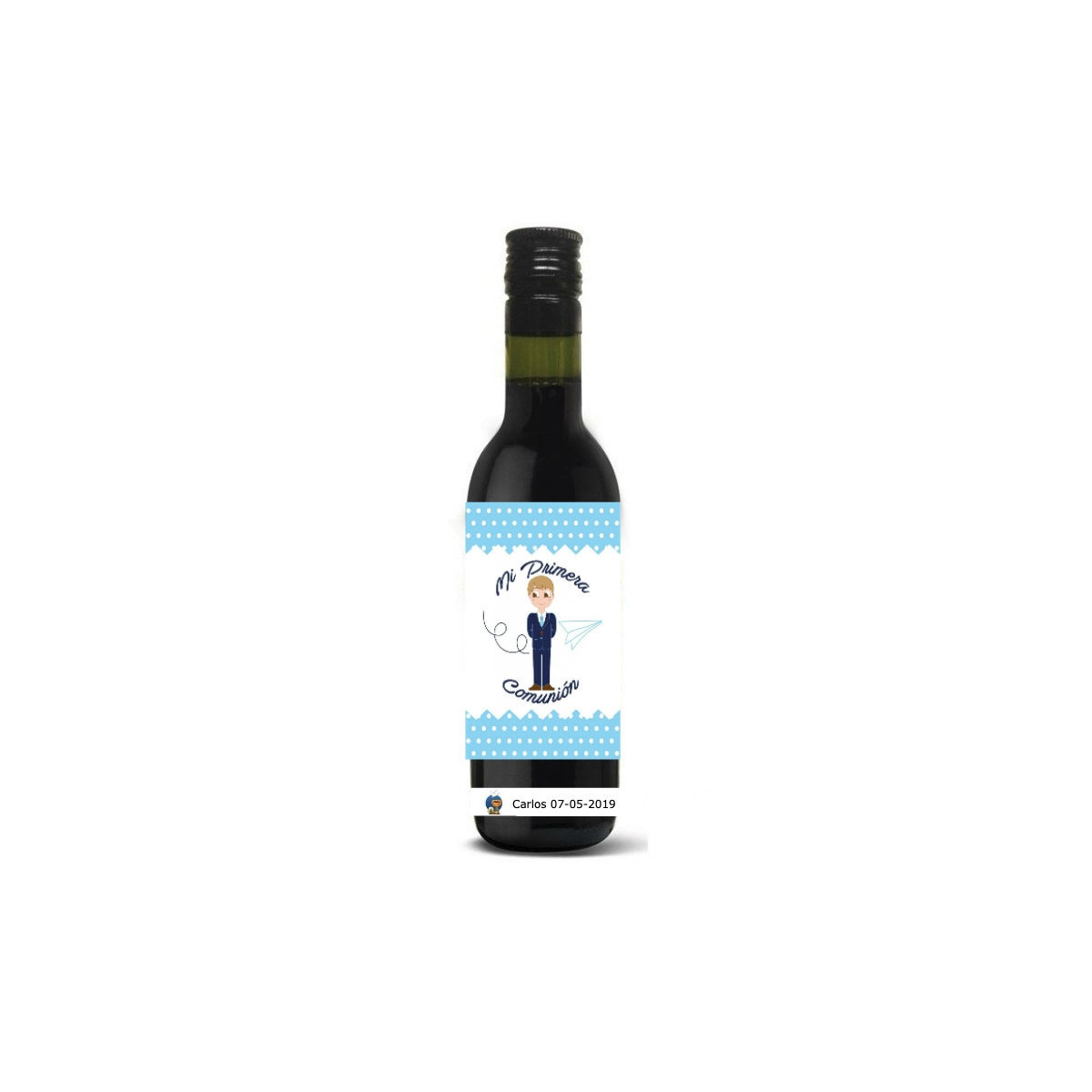 Vinho personalizado para detalhes em garrafas de comunhão com nome, data e adesivo de menino