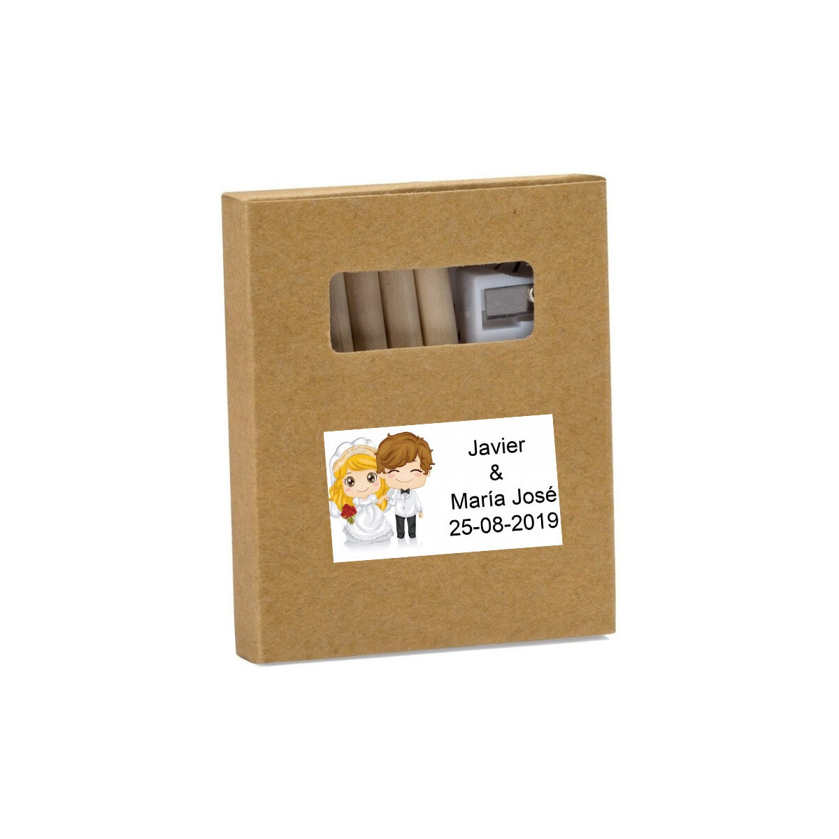 Lápis de cor em caixa kraft personalizada com adesivo de casamento com nomes e data