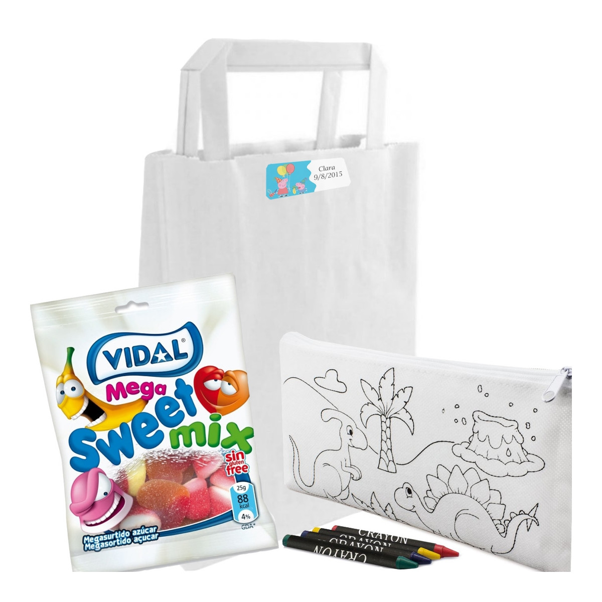 Estuche para colorir e guloseimas em bolsa personalizada com adesivo infantil