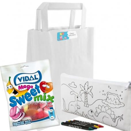 Estuche para colorir e guloseimas em bolsa personalizada com adesivo infantil