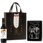 Conjunto de rolha e saca-rolhas com pequena garrafa de vinho em bolsa de papelão