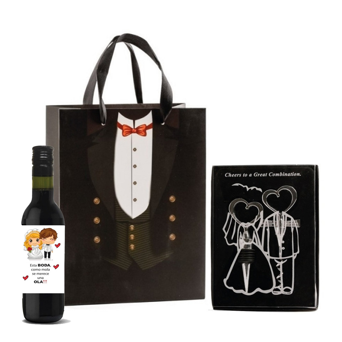 Conjunto de rolha e saca-rolhas com pequena garrafa de vinho em bolsa de papelão