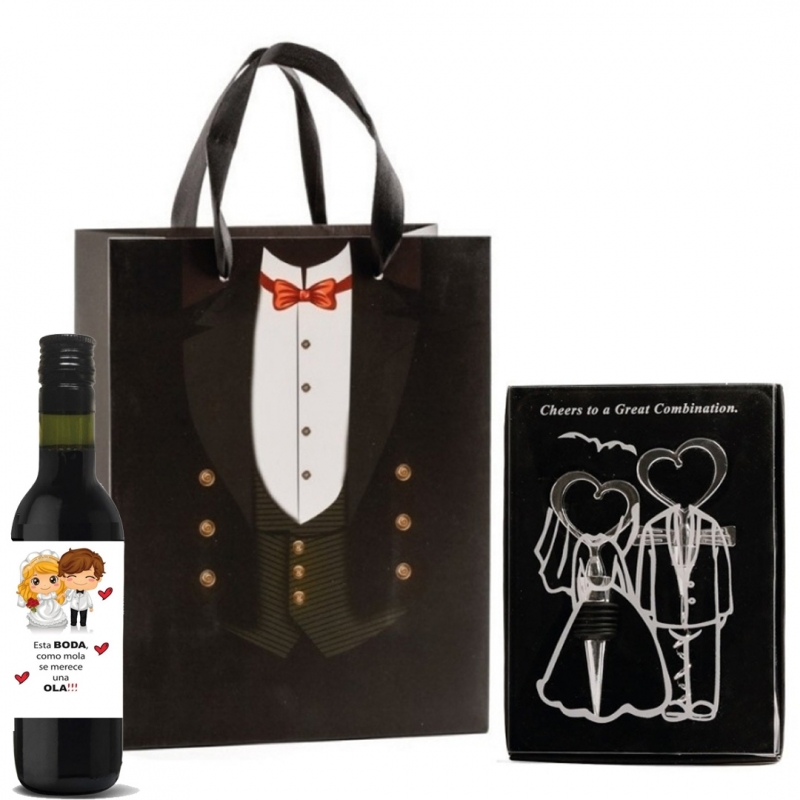 Conjunto de rolha e saca-rolhas com pequena garrafa de vinho em bolsa de papelão