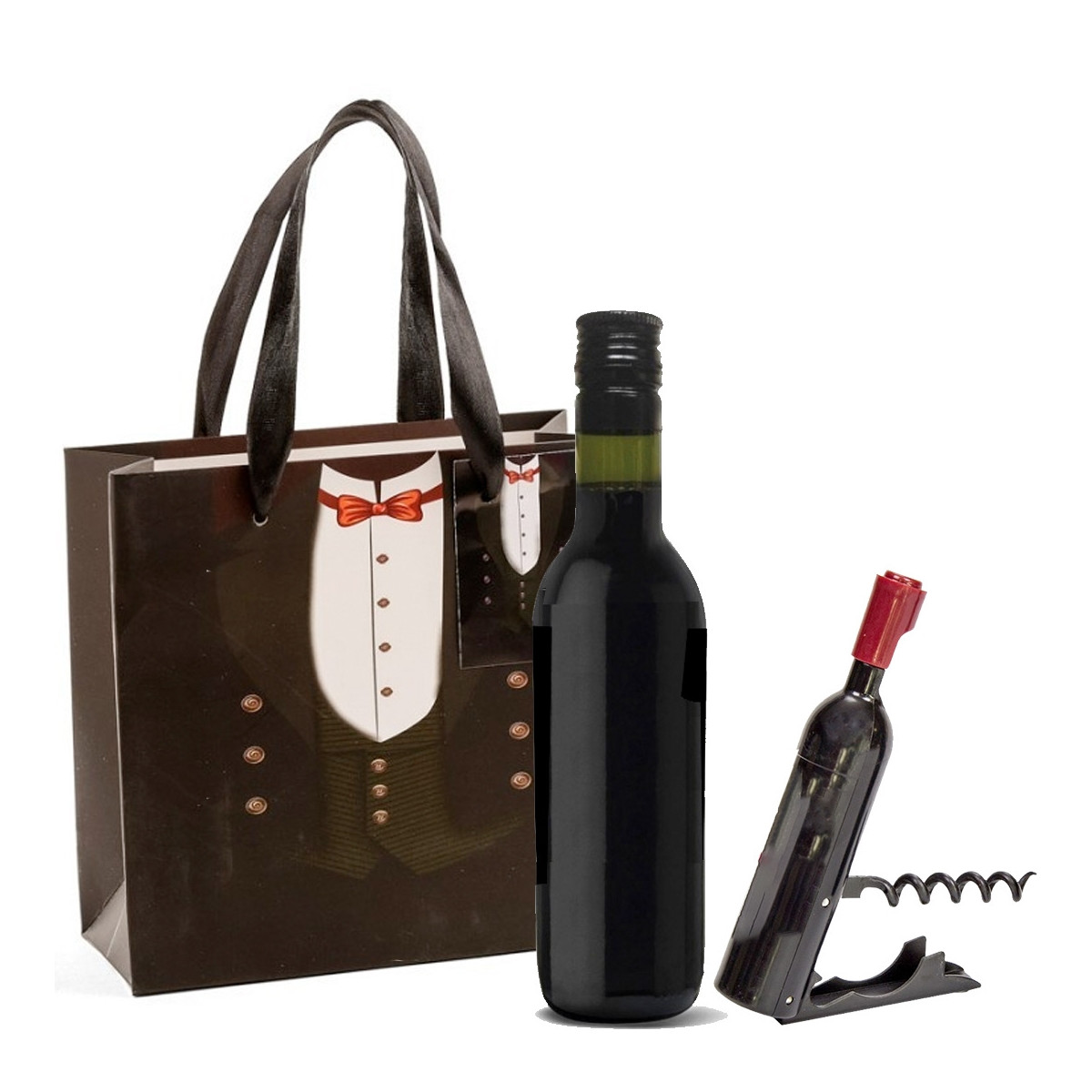 Presente vinho com saca-rolhas em bolsa de papelão