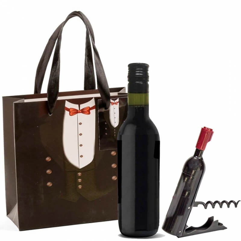 Presente vinho com saca-rolhas em bolsa de papelão