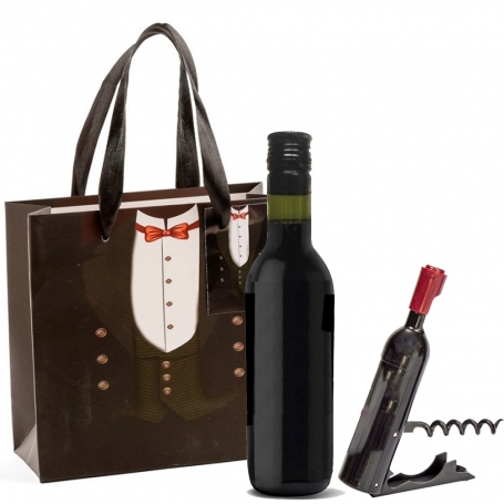 Presente vinho com saca-rolhas em bolsa de papelão