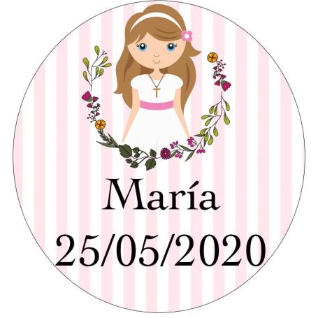 Adesivo personalizado para Primeira Comunhão Design menina com vestido branco