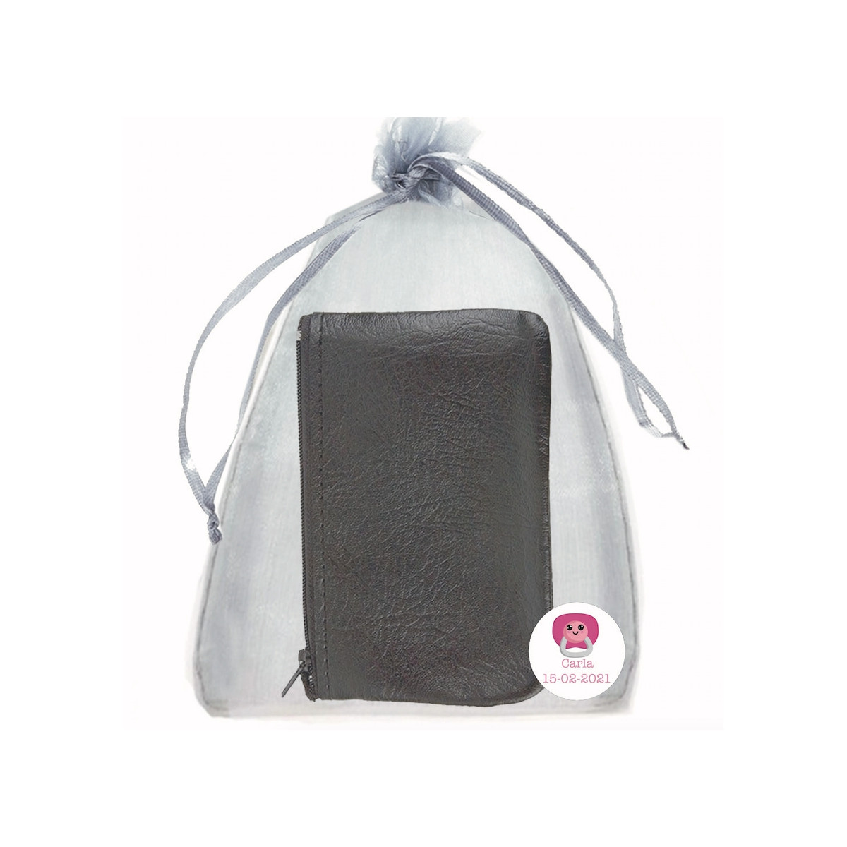 Carteira de poliéster preto com bolsa de organza e adesivo personalizado Um detalhe elegante e prático