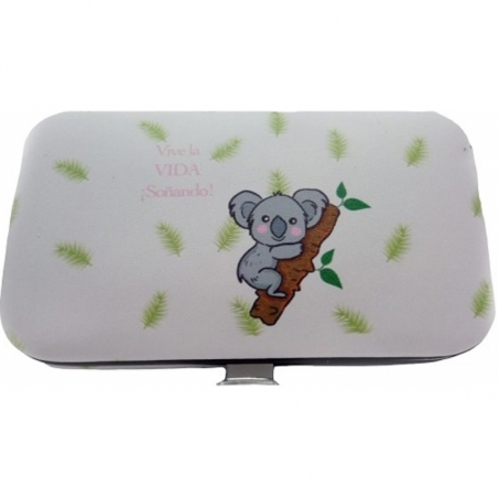 Conjunto de manicure e espelho com motivo de koala apresentado em bolsa de koala
