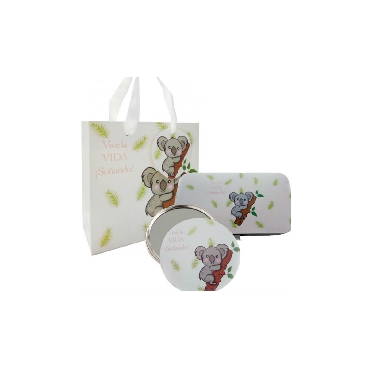 Conjunto de manicure e espelho com motivo de koala apresentado em bolsa de koala