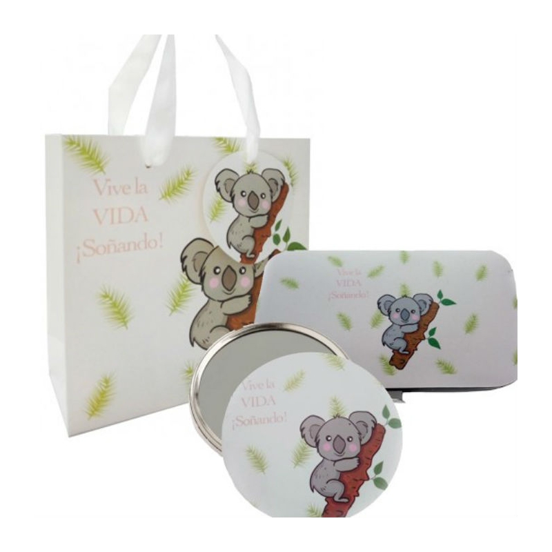 Conjunto de manicure e espelho com motivo de koala apresentado em bolsa de koala