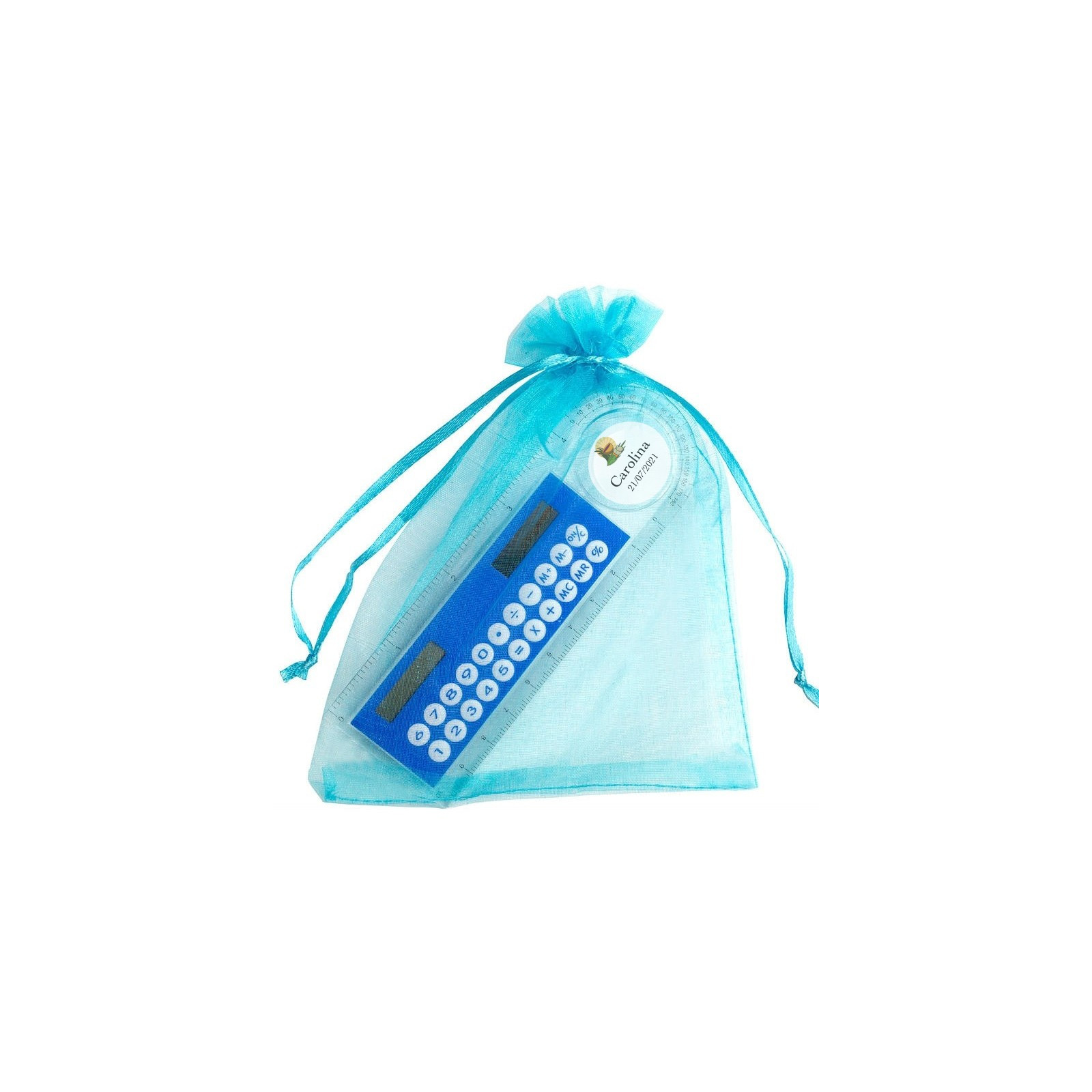 Calculadora solar em bolsa de organza personalizada para comunhão