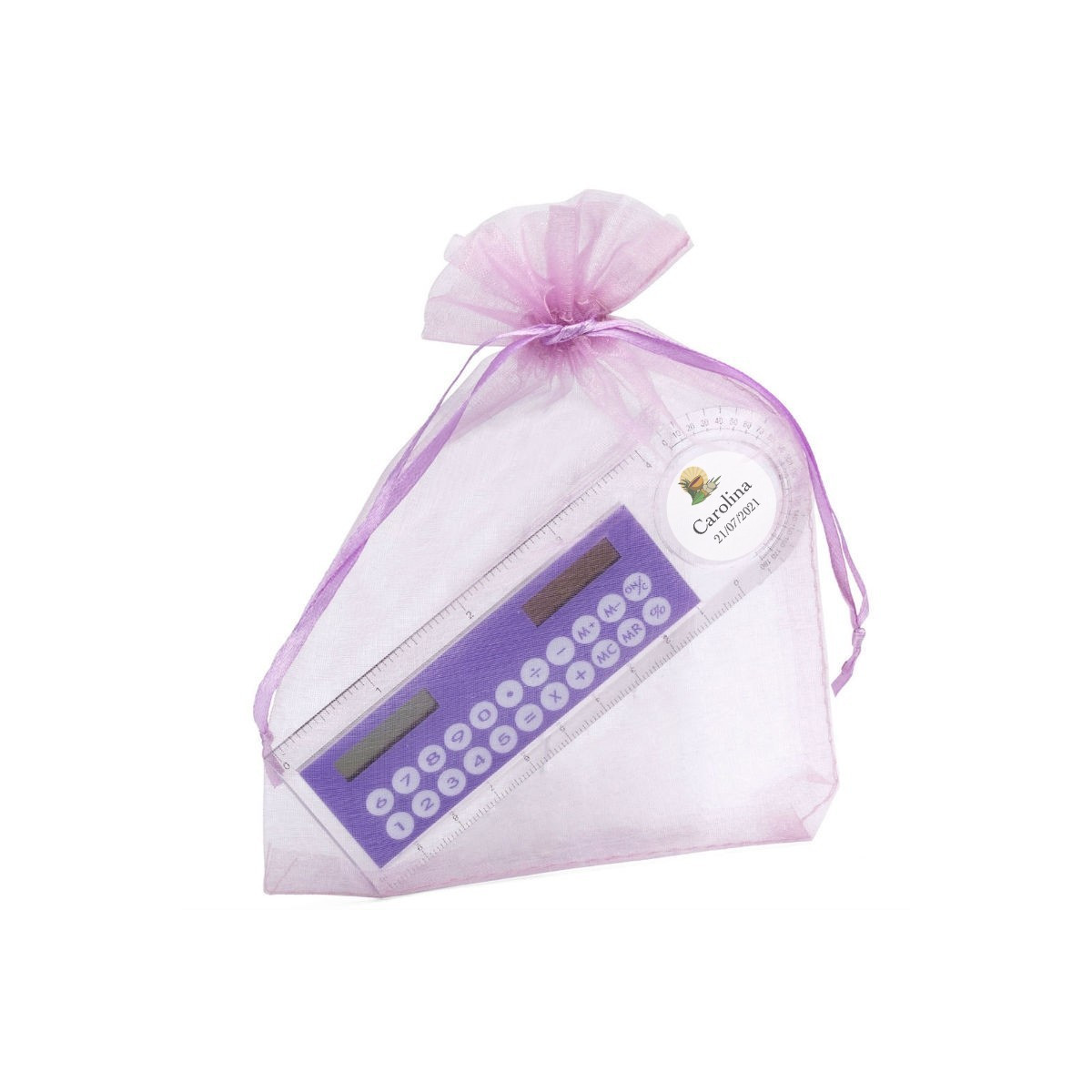 Calculadora solar personalizada para comunhão em saquinho de organza