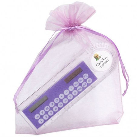 Calculadora solar personalizada para comunhão em saquinho de organza