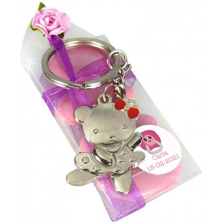 Chaveiro de ursinho de pelúcia em caixa de acetato personalizada com amêndoas açucaradas