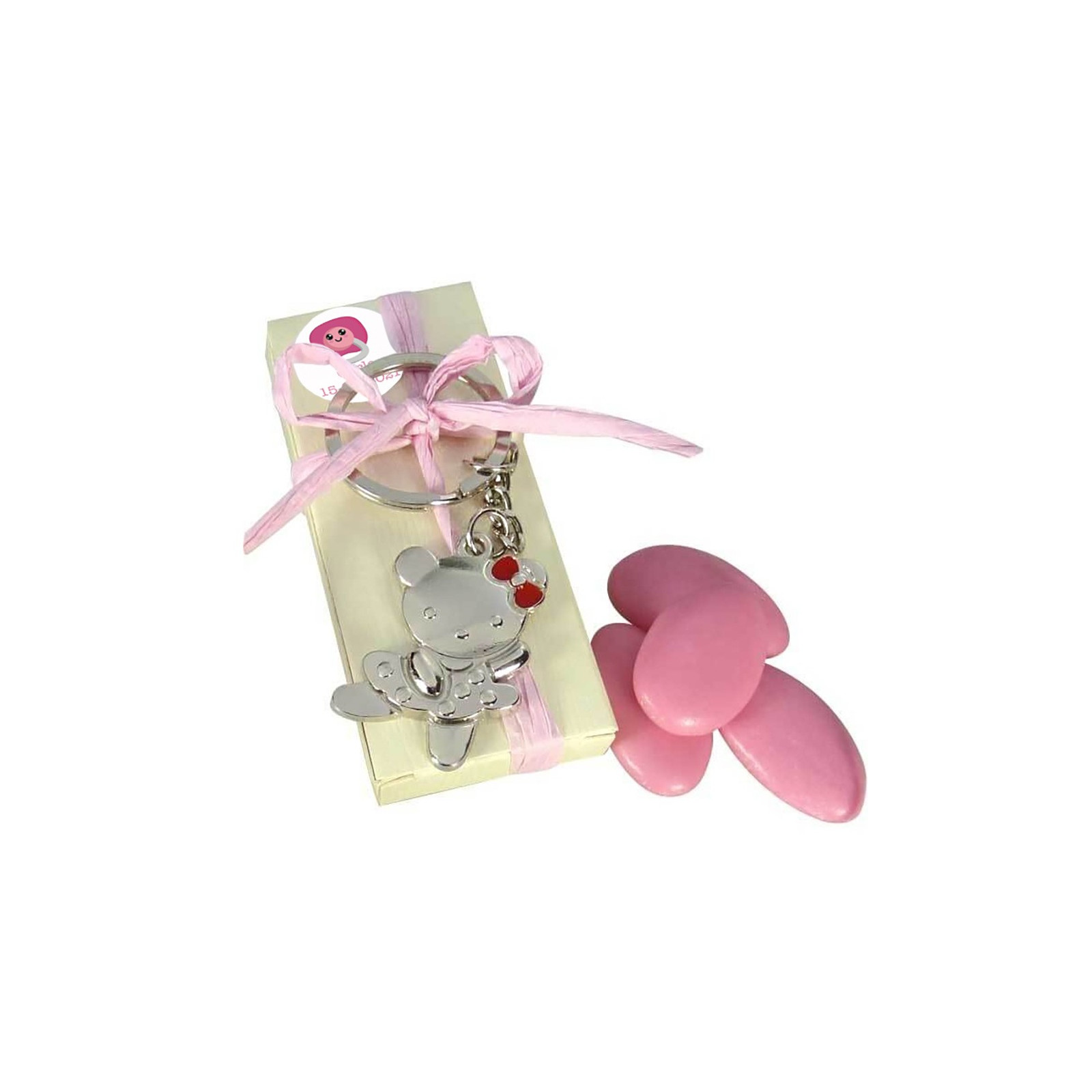 Chaveiro e caixa personalizados com amêndoas açucaradas para lembrancinhas de batizado