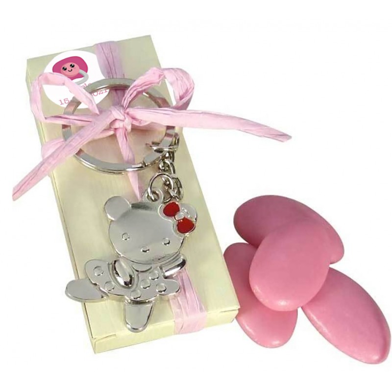 Chaveiro e caixa personalizados com amêndoas açucaradas para lembrancinhas de batizado