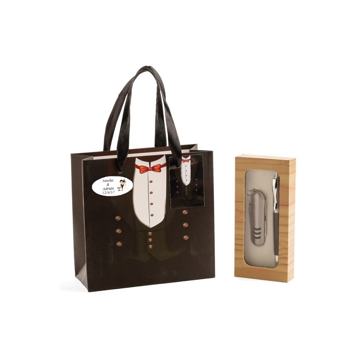Canivete e caneta para casamento apresentados em caixa e bolsa personalizada
