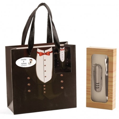Canivete e caneta para casamento apresentados em caixa e bolsa personalizada
