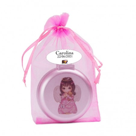 Escova espelho com adesivo angelita e bolsa de organza personalizada com adesivo