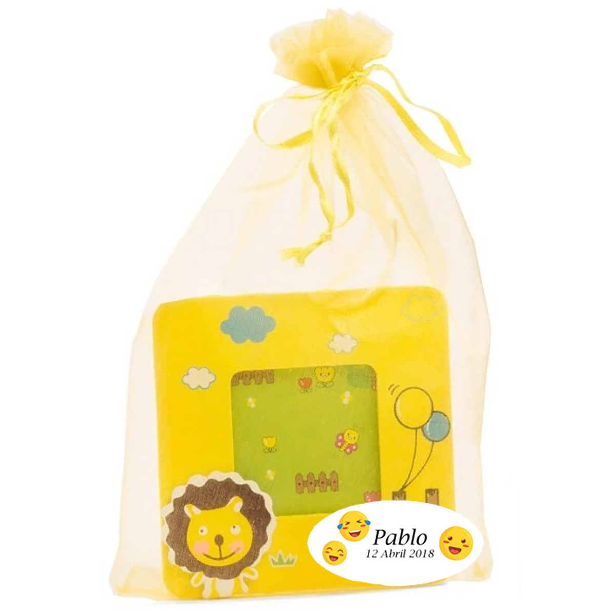 Porta-retrato infantil em saquinho de organza personalizado com adesivo infantil