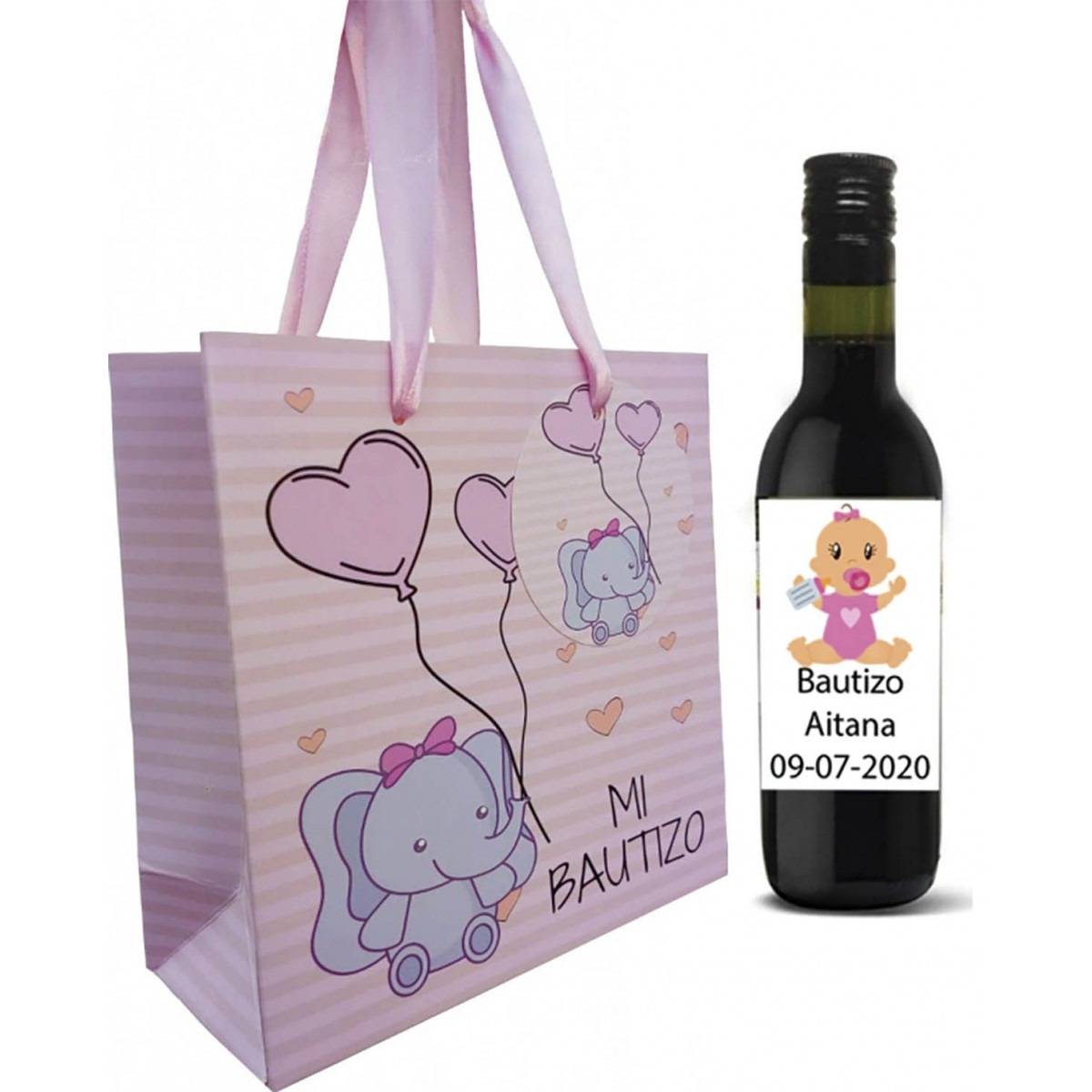 Vinho tinto convidados batizado com bolsa personalizada