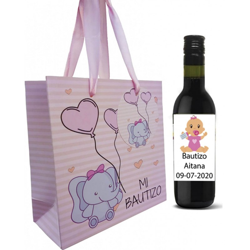Vinho tinto convidados batizado com bolsa personalizada