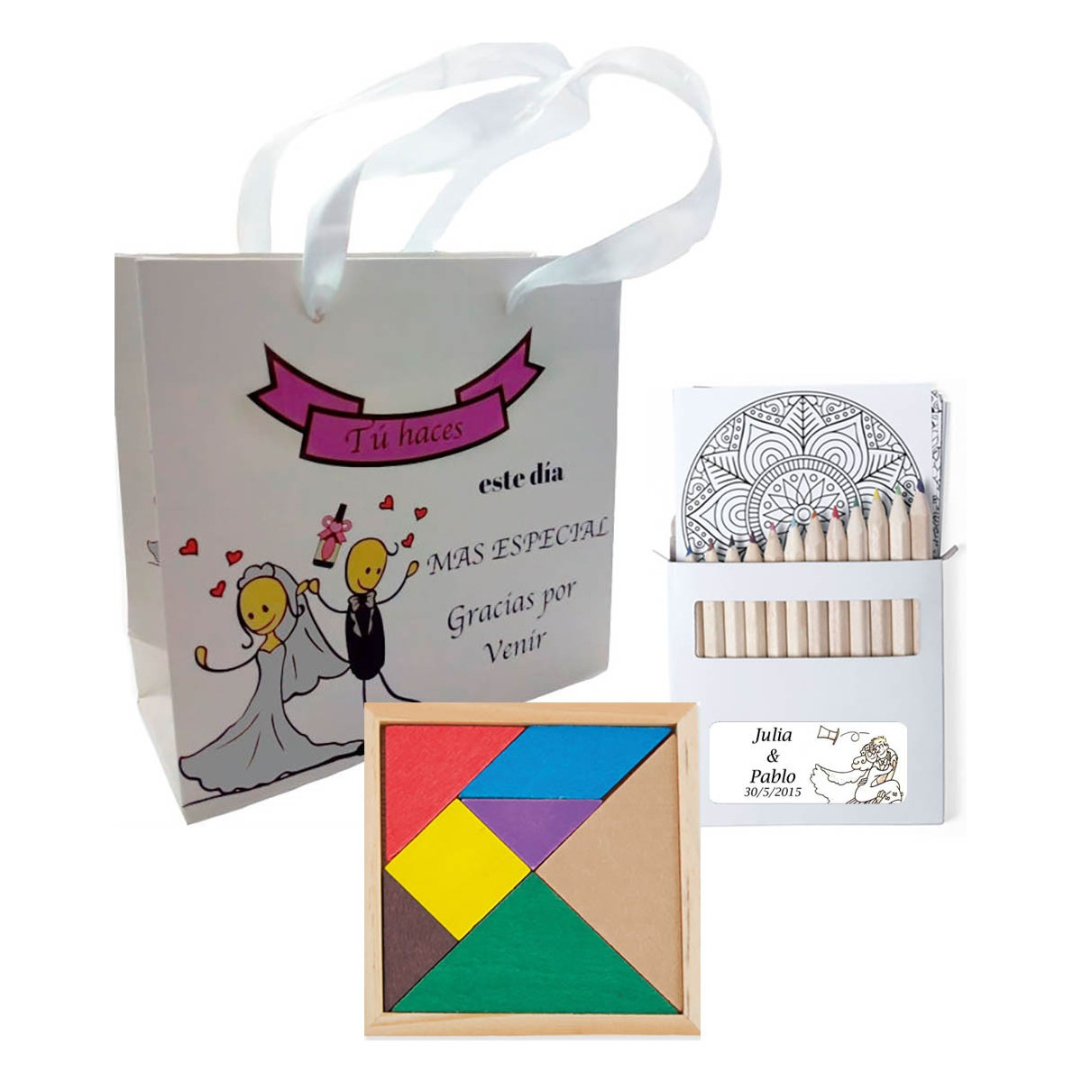 Quebra-cabeça com conjunto de lápis personalizado e bolsa de casamento