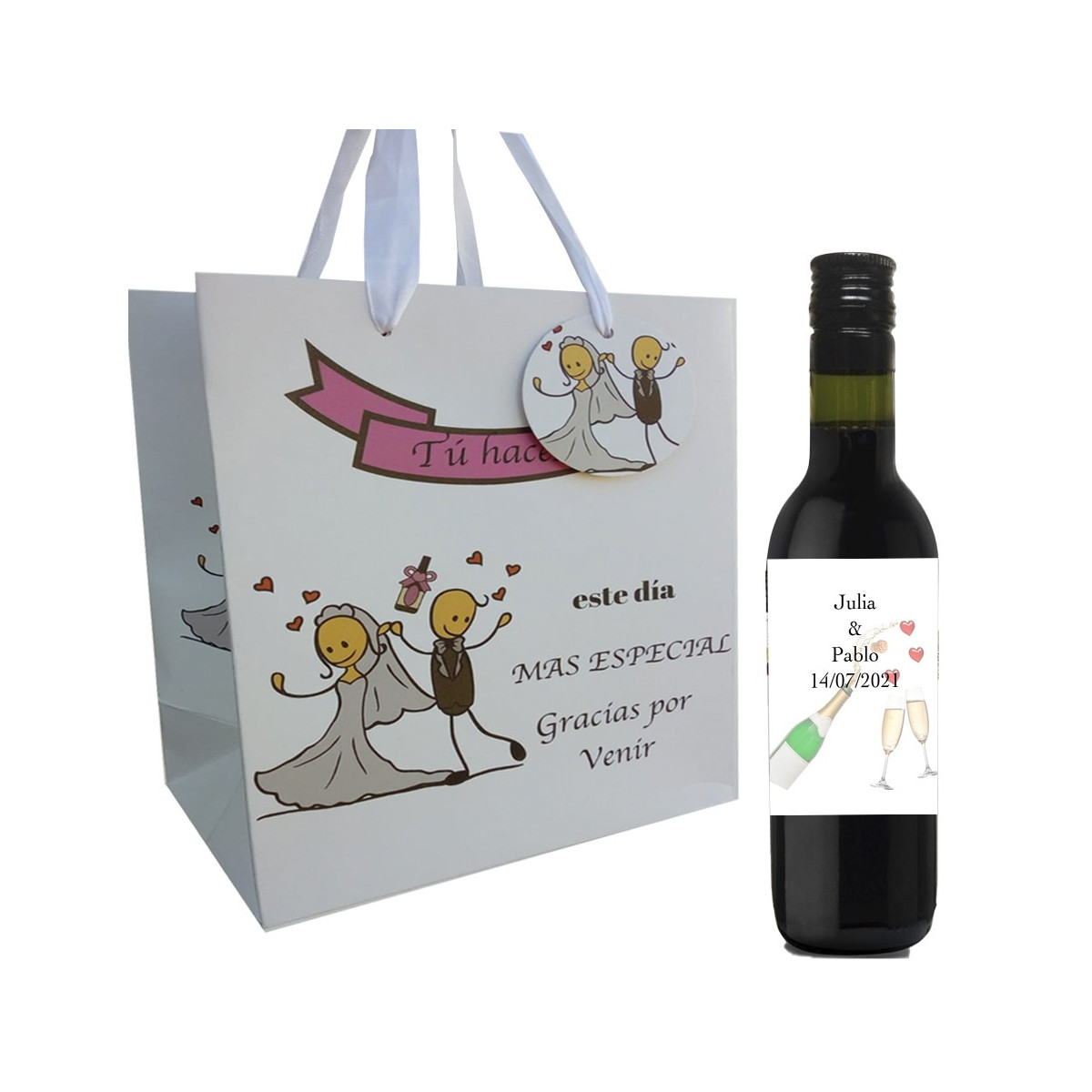 Vinho tinto personalizado para casamento com bolsa