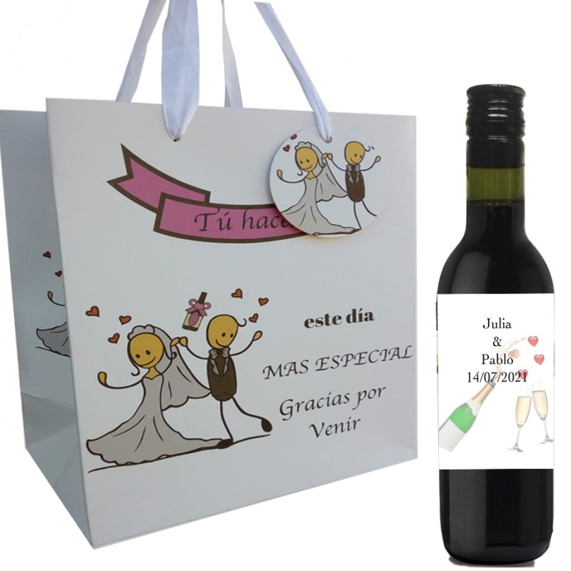 Vinho tinto personalizado para casamento com bolsa