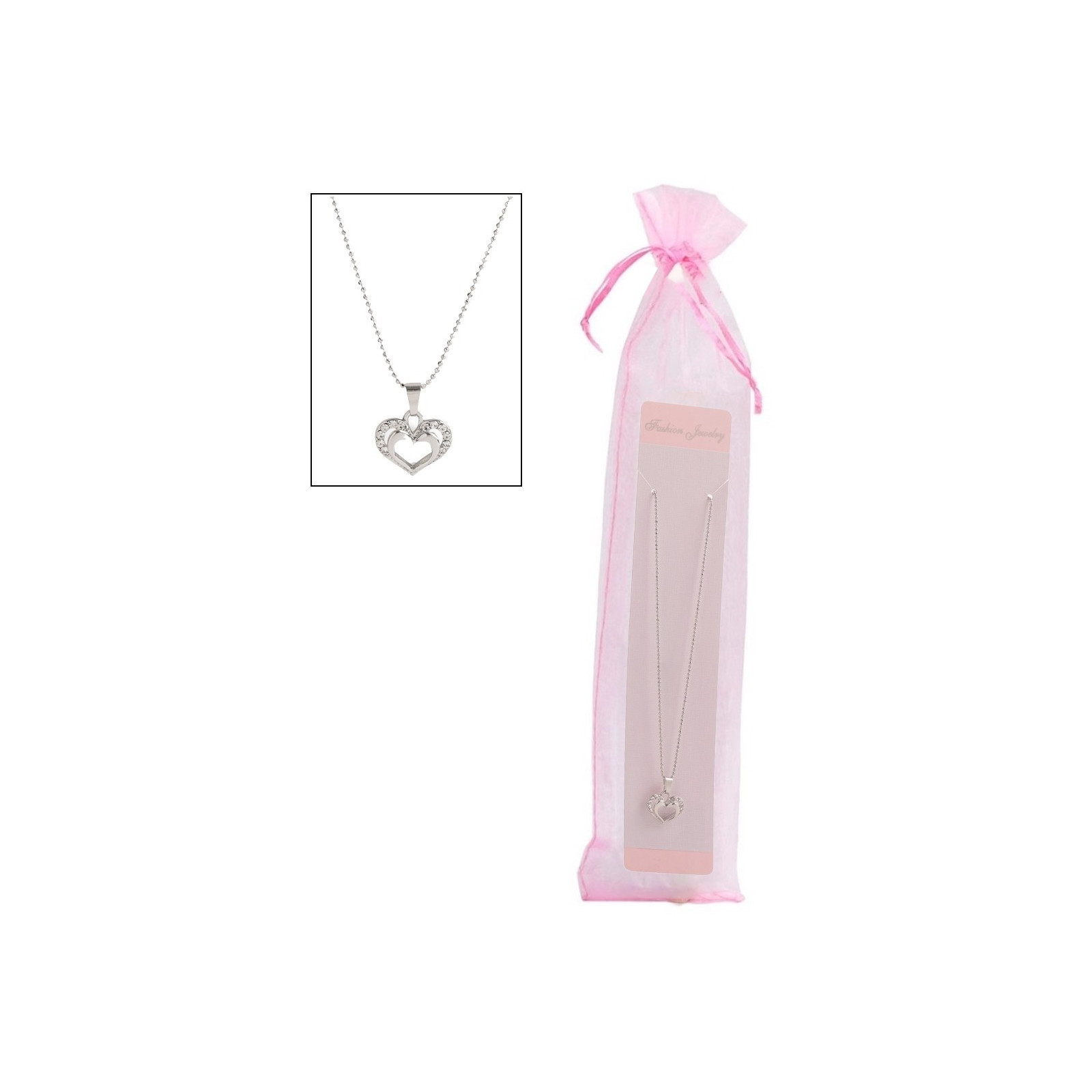 Corrente com pingente de coração em bolsa de organza