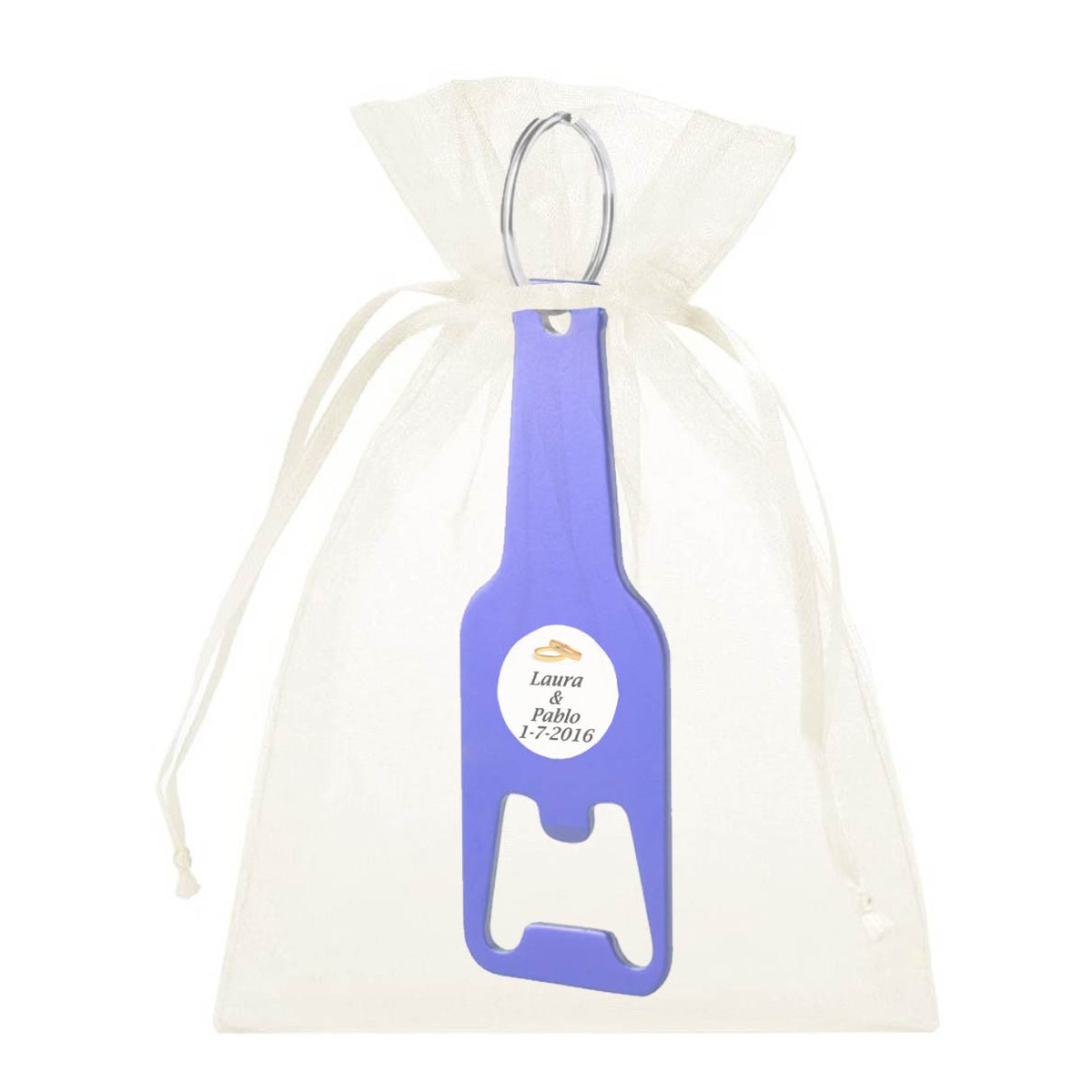 Chaveiro abridor com bolsa e adesivo de casamento personalizado