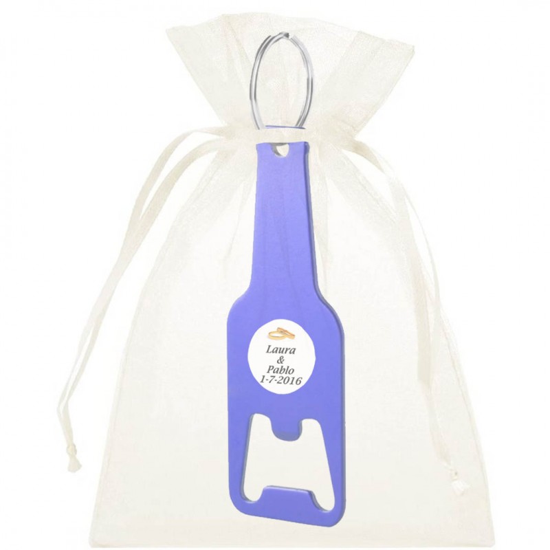 Chaveiro abridor com bolsa e adesivo de casamento personalizado