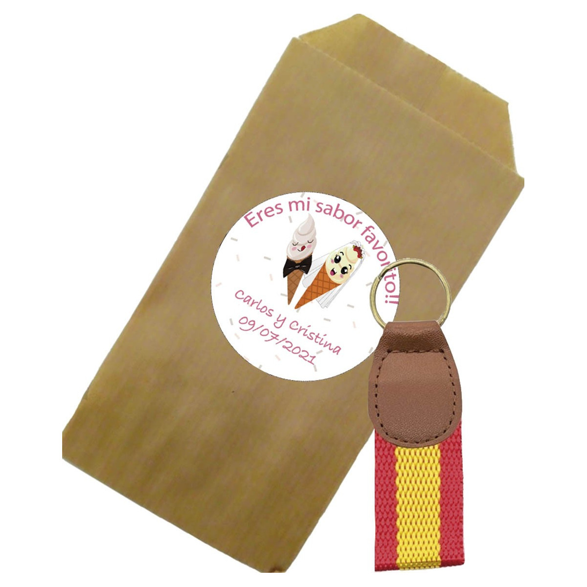 Chaveiro Espanha com envelope e adesivo para casamento personalizado