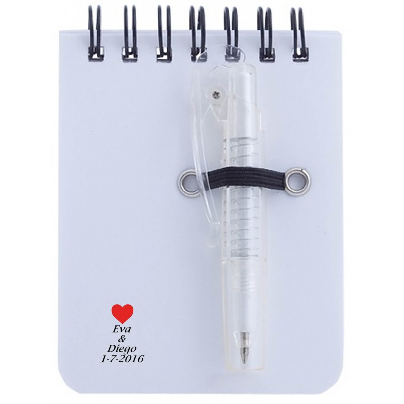 Caderno com caneta e adesivo personalizado para casamentos