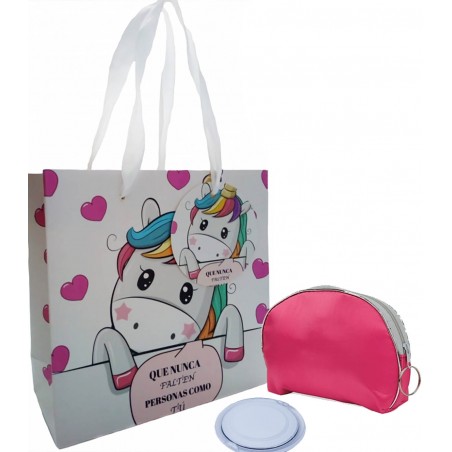 Bolsa cosmética rosa com espelho e bolsa unicórnio