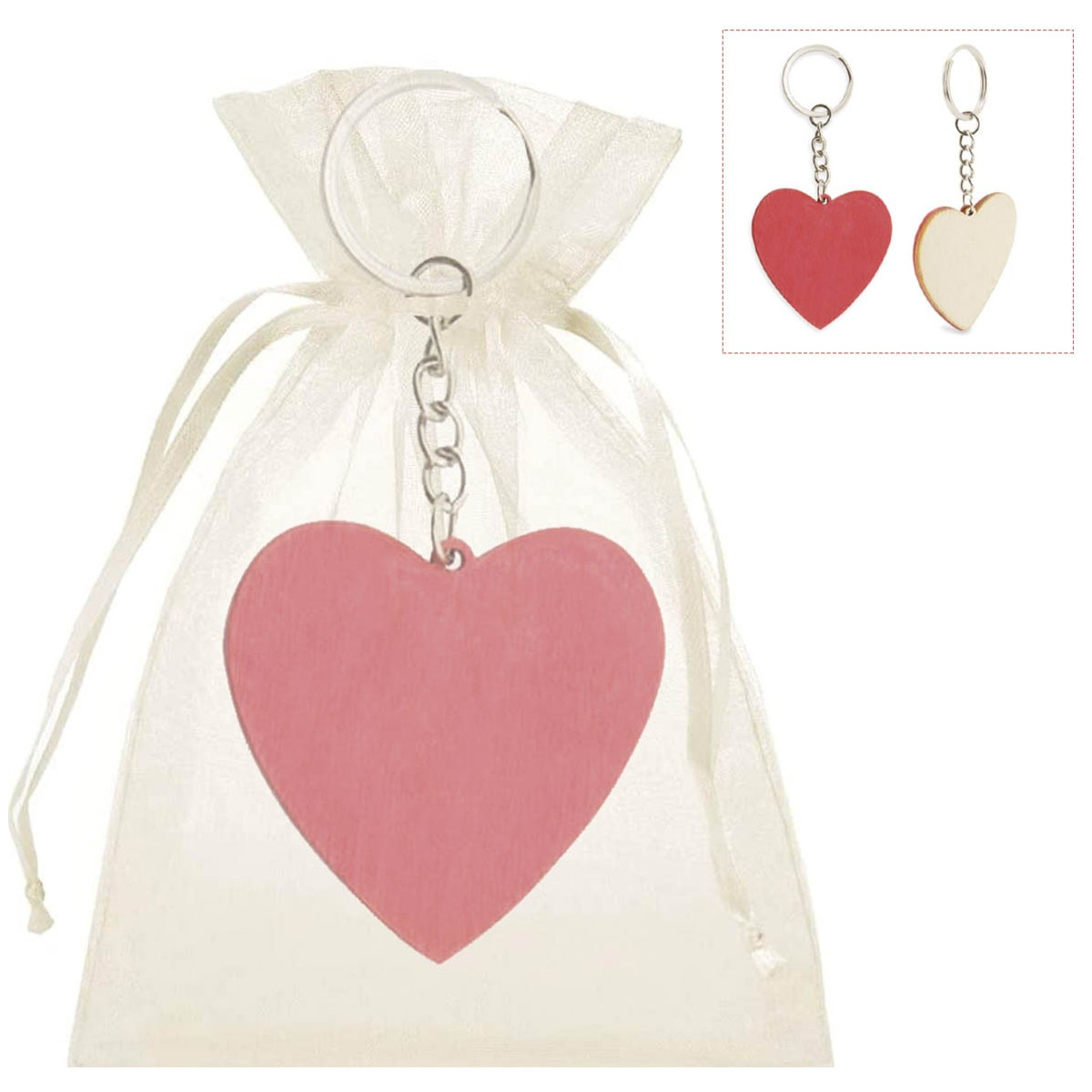 Chaveiro coração de madeira com bolsa de organza