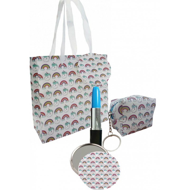 Bolsa de impressão unicórnio com caneta espelho e bolsa