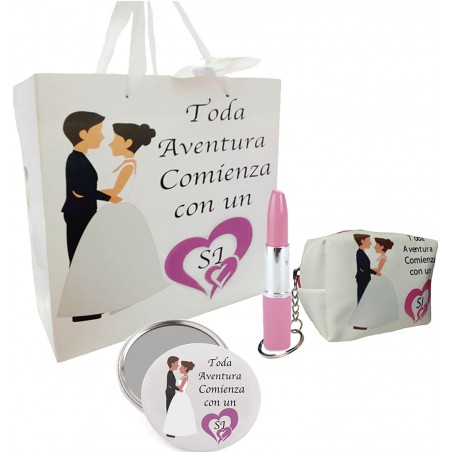 Conjunto de presente em saco de casamento com espelho bolsa e caneta