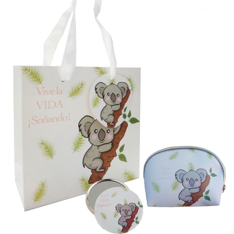 Presente com desenho de coala bolsa espelho e bolsa