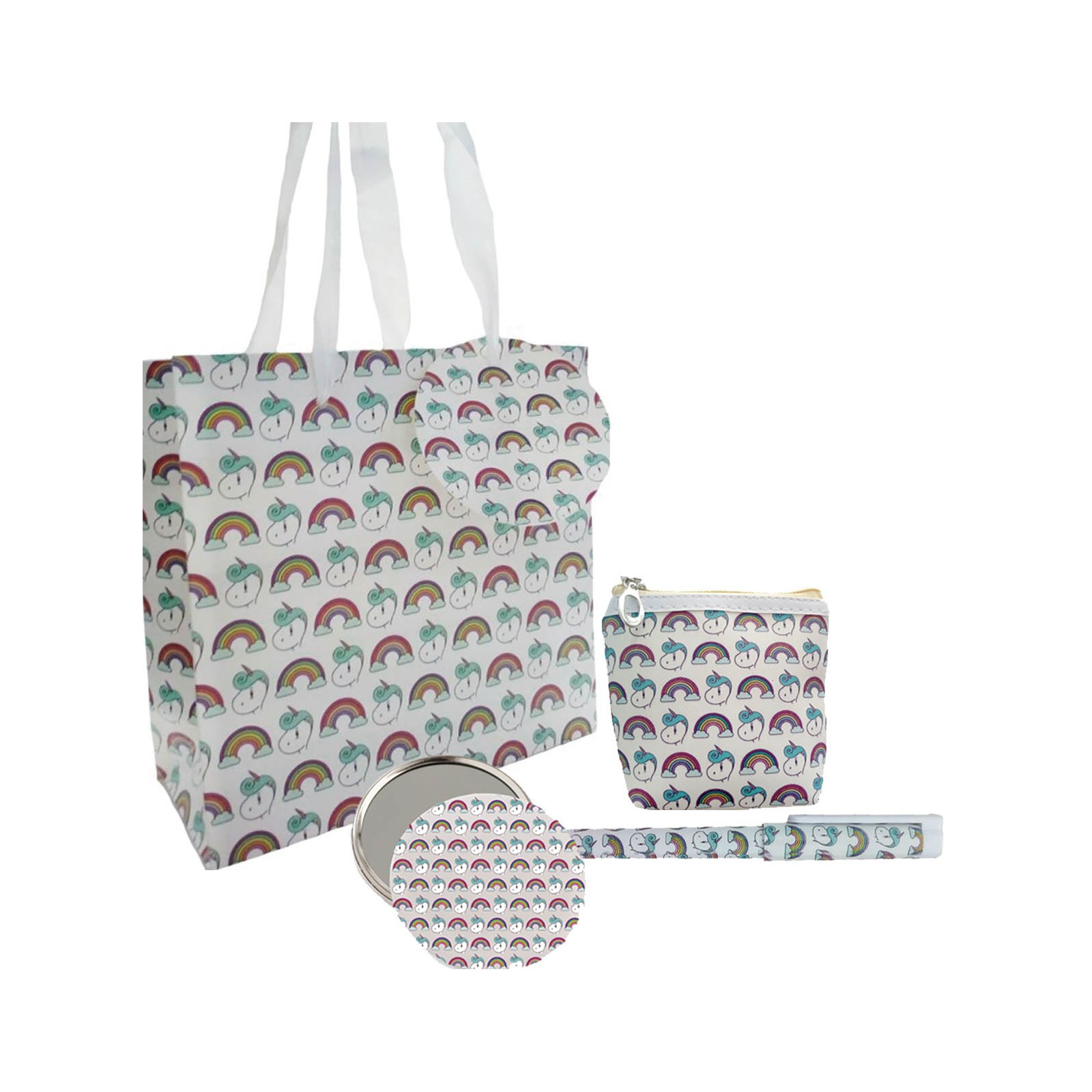 Conjunto de presente em bolsa estampada de unicórnio com caneta espelho e carteira