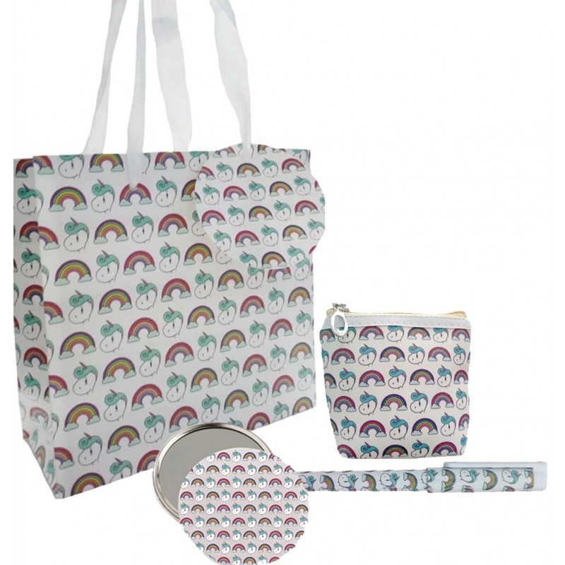 Conjunto de presente em bolsa estampada de unicórnio com caneta espelho e carteira