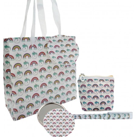 Conjunto de presente em bolsa estampada de unicórnio com caneta espelho e carteira