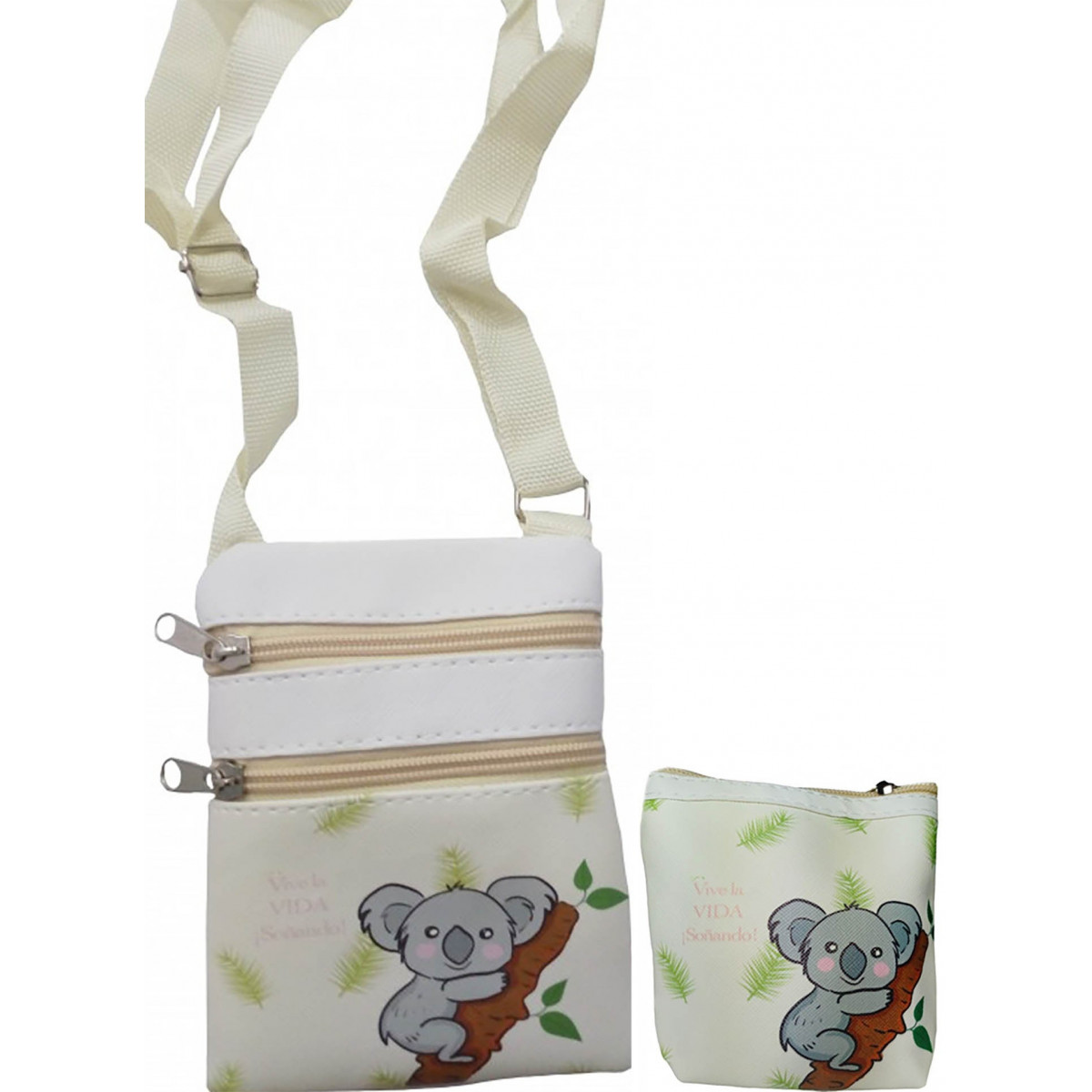 Bolsa com motivo de coala e carteira com frase