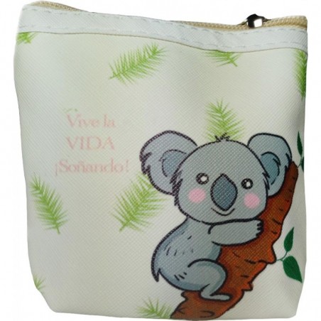 Bolsa com motivo de coala e carteira com frase