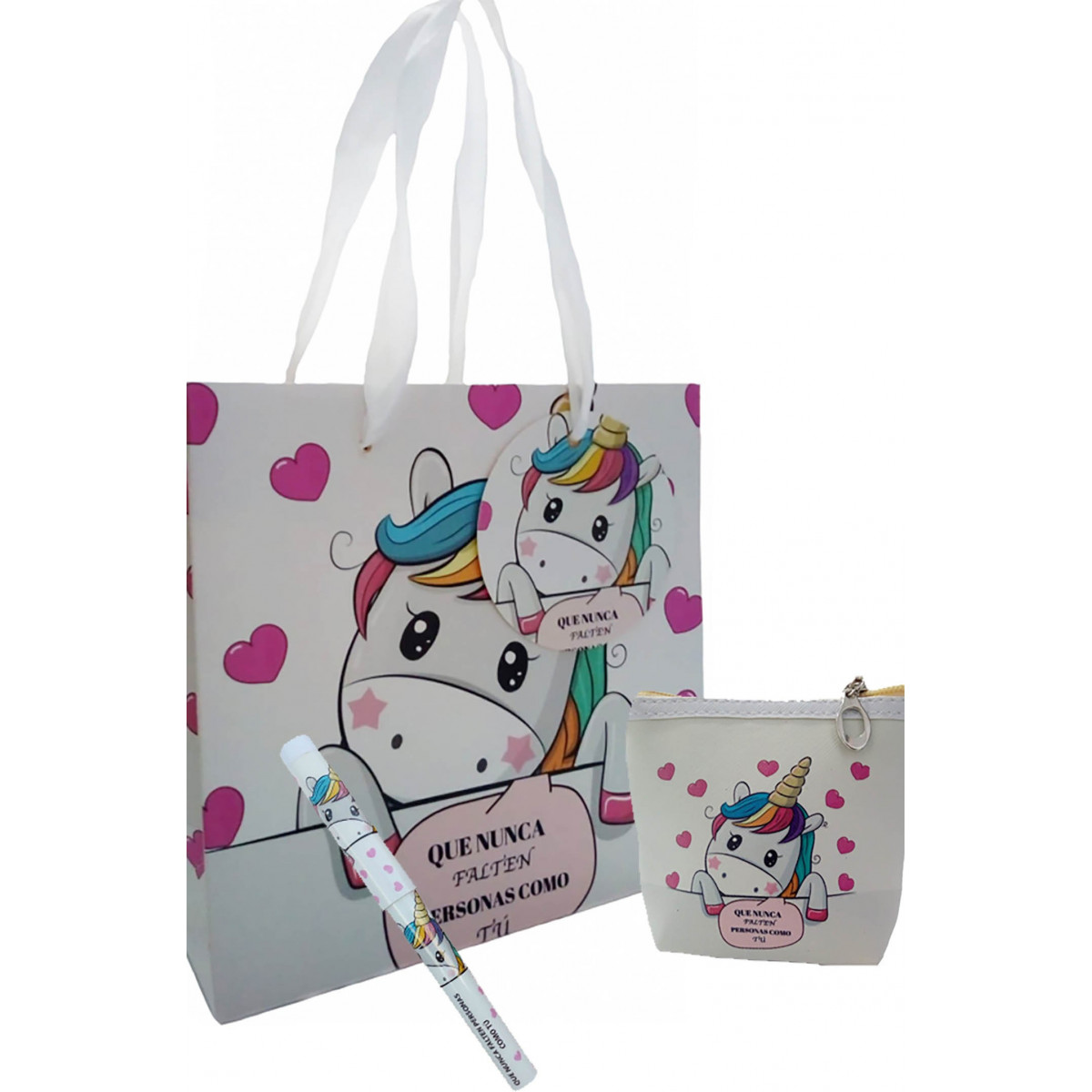 Porta-moedas e caneta em bolsa de unicórnio