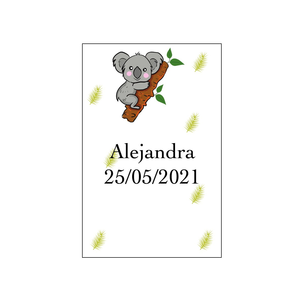 Adesivo de coala personalizado com nome e data