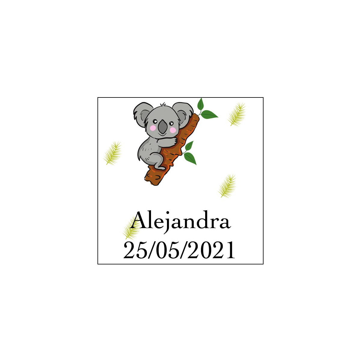 Adesivo de coala quadrado para personalizar com nome e data