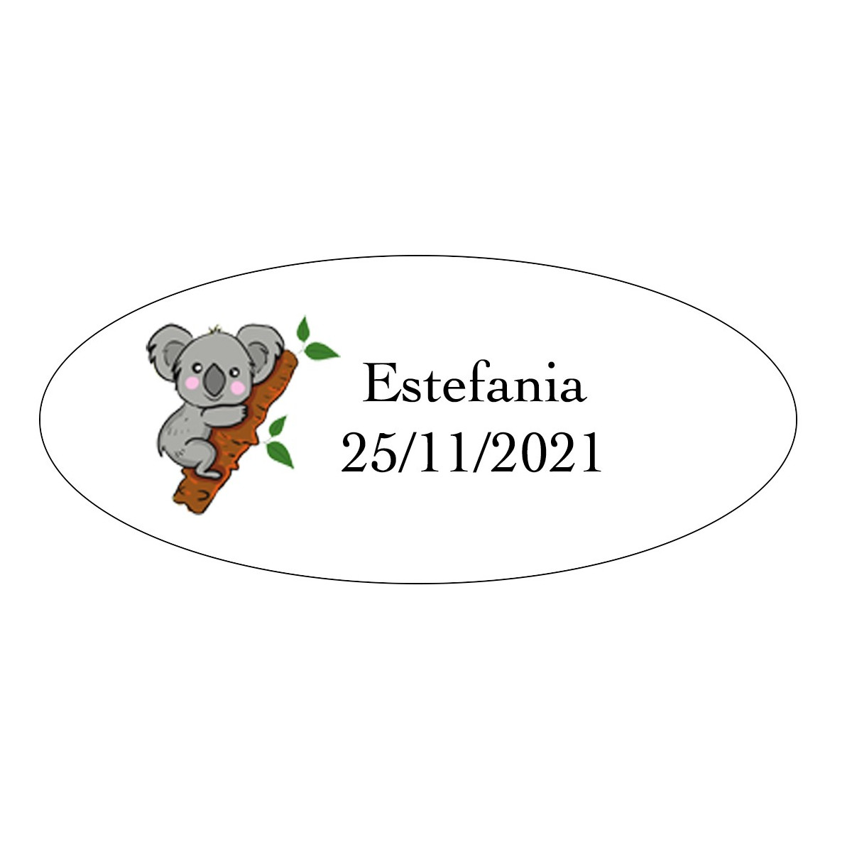 Adesivo de coala oval personalizado com nome e data