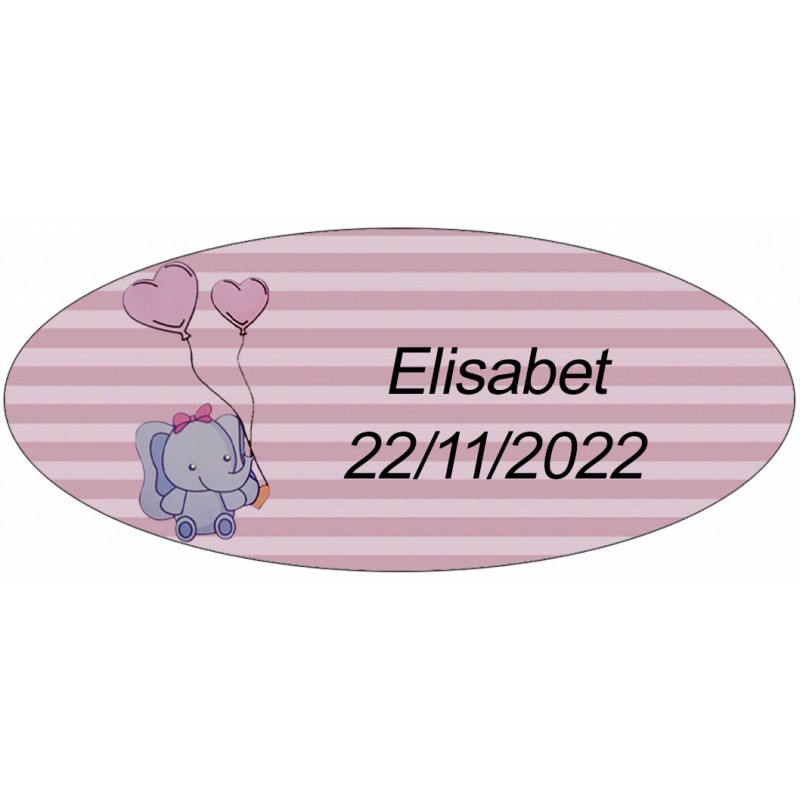 Adesivo elefante rosa ovalado personalizado para batizado